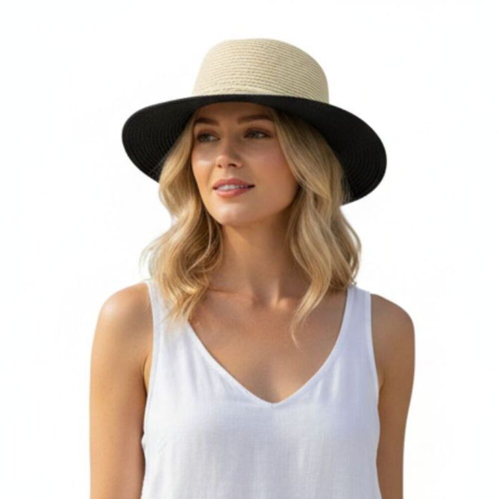 Black & Tan Small Brim Straw Paper Summer Hat OS‎